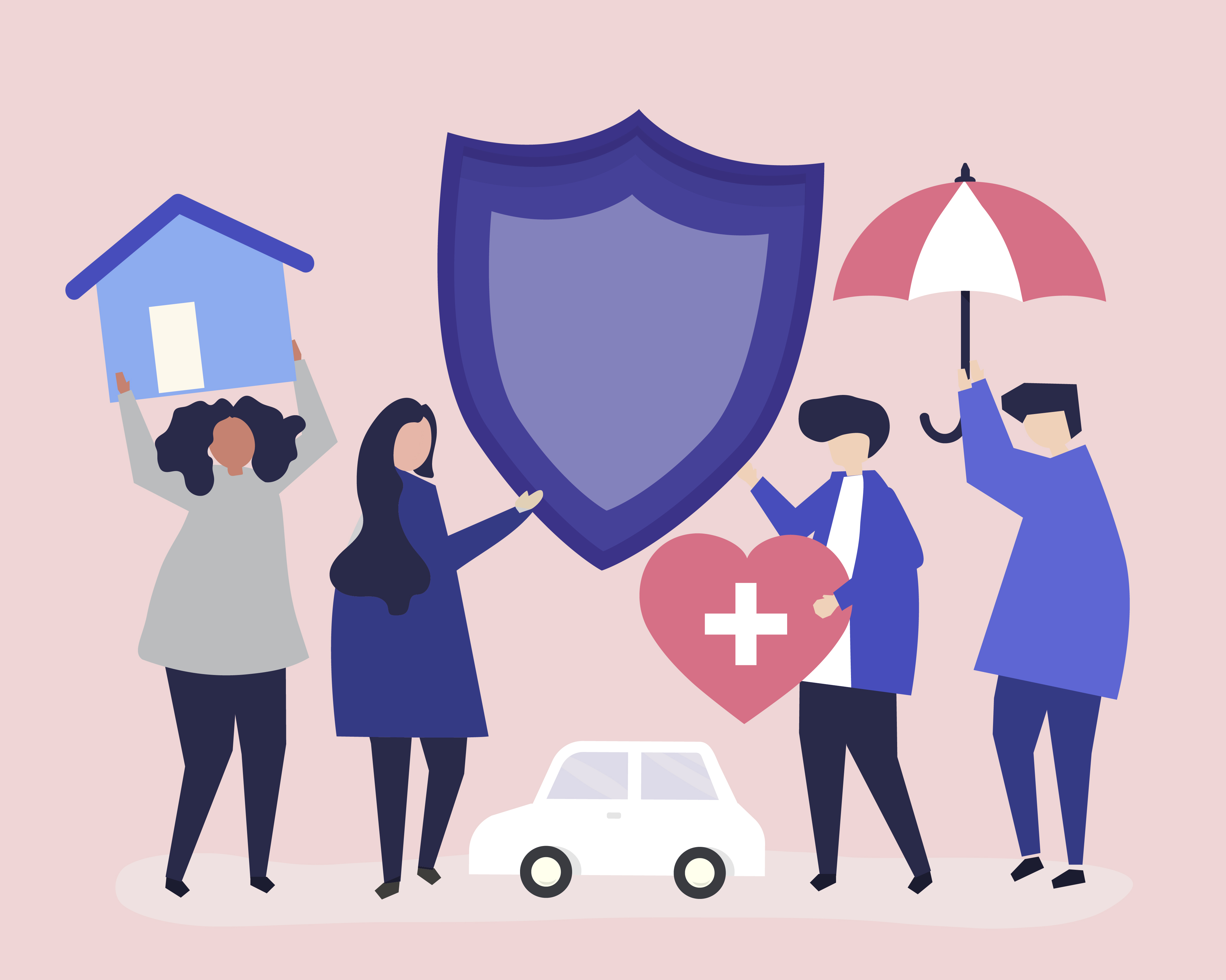Illustration of people holding insurance-related symbols
